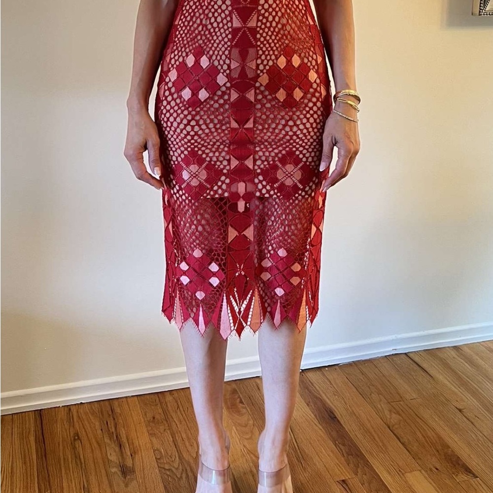 BCBGMaxAzria Red Sheath Cocktail Dress Sleeveless Midi